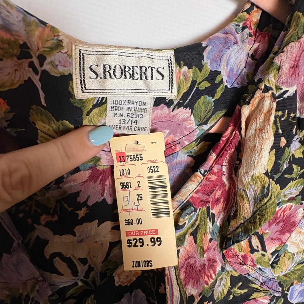 NWT S. Roberts Vintage 90s Dark Floral Maxi Dress Button Front Ruffle 13/14 - Picture 3 of 9